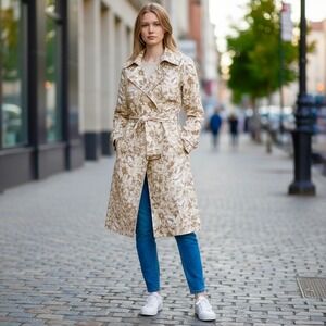 New York & Co Women's Camouflage Belted Beige Double-Breasted Trench Coat Size 4